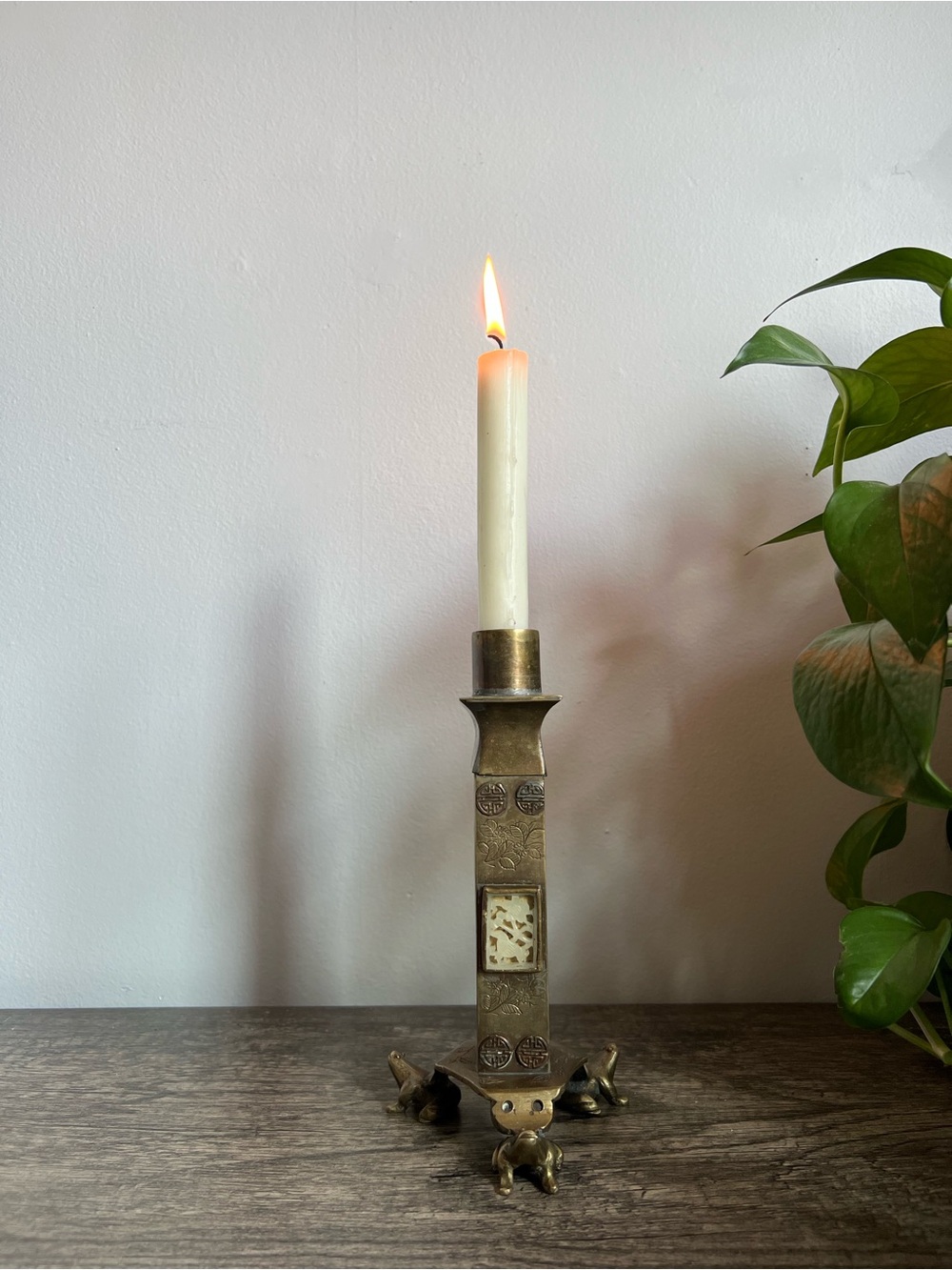 Vintage Brass Candle Holder with Footed Frog Detail